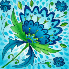 Jwatercolour painting of blue floral designs by Karen Smith