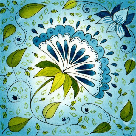 watercolour painting of blue floral designs by Karen Smith
