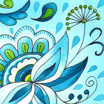 Watercolour painting of blue floral designs by Karen Smith