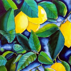Watercolour painting of lemons ands leaves by Karen Smith